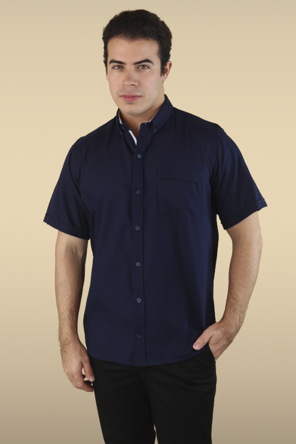 Camisa Manga Corta Azul Marino Slim Fit Cuello Americano Para Caballero